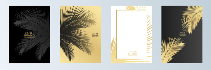 Tropical cover design set with golden leaves, palm tree pattern. Exotic floral vector background for brochure, luxury menu, sale flyer, summer template, eco catalog.