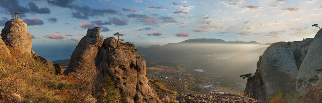 Sunset panorama on the slopes of mount Demerdji, Crimea