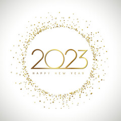 A Happy New Year 2023 symbol. White bg. Web icon or button. Round logotype concept. Abstract isolated graphic design template. Christmas creative decoration. Golden snowy ball. Shiny glittering digits - obrazy, fototapety, plakaty