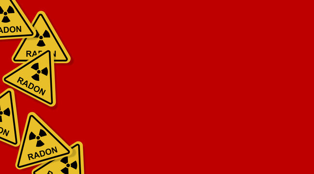 Red hue fund. RADON gas, a CONTAMINANT that affects indoor air quality. Yellow triangular signs, dangerous natural pollutant. ILLUSTRATION with space for possible design. Severe alert message.
