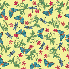 natural background seamless with elements of wildflowers butterflies and dragonfly