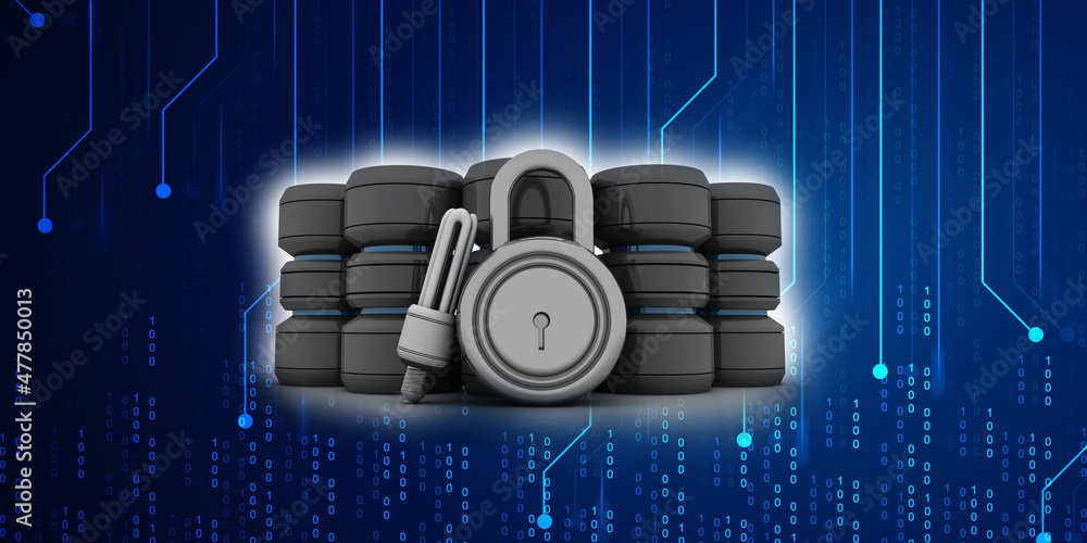 Poster 3d illustration database storage security concept. disk with lock around bulb