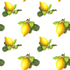 Watercolor lemons with leaves in a seamless pattern for decoration of kitchen or for print