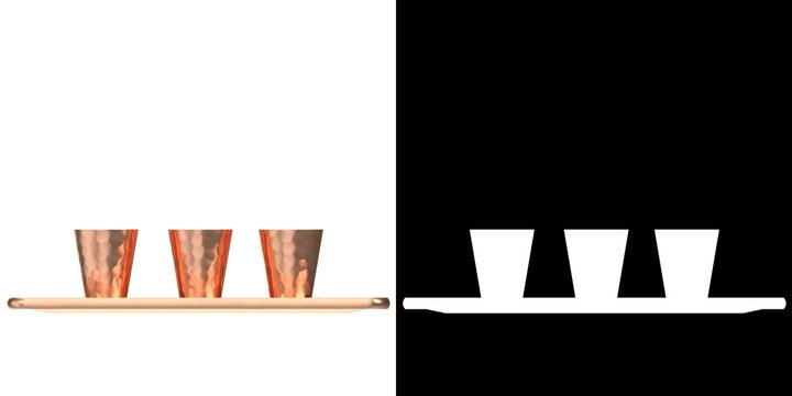 3D rendering illustration of some copper shot glasses on a tray