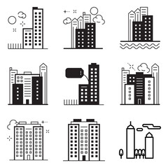 City Buildings Flat Icon Set Isolated