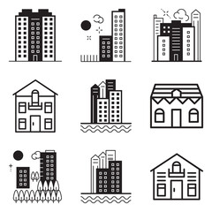 City Buildings Flat Icon Set Isolated