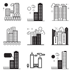 City Buildings Flat Icon Set Isolated