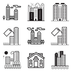City Buildings Flat Icon Set Isolated