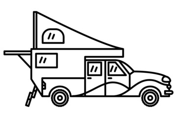 A car with a folding design for traveling. Motorhome, a vehicle for recreation. Camping, tourism. Vector icon, outline, isolated