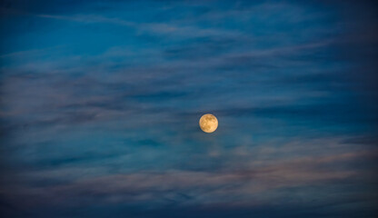 Full moon rising on a cloudy December evening in PA.  Eerie photo of yellow moon on a cloud covered night.