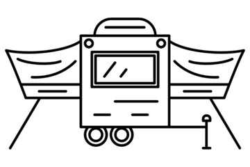 A car trailer with an awning. Miniature motorhome for traveling outside. Vector icon, outline, isolated