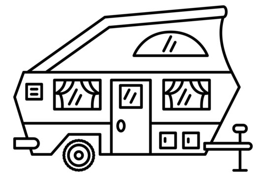 recommend clip art: Car van, trailer for traveling outside. Autonomous motorhome, camping, glamping. Vector icon, outline, isolated