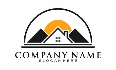 Naklejka premium Home property and sun vector logo
