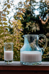 glass of milk and carafe outdoors on table