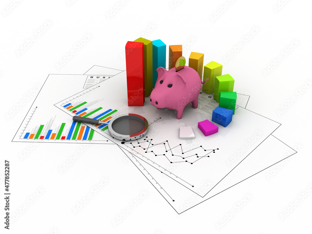 Poster 3d rendering Pig Coin bank with business graph
