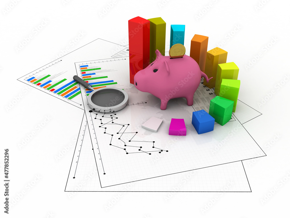 Poster 3d rendering pig coin bank with business graph