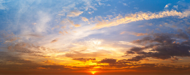 Panoramic view of sky and cloudy sunrise, natural phenomena background