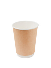 Empty disposable paper cup made of cardboard for hot drinks. Isolated on a white background