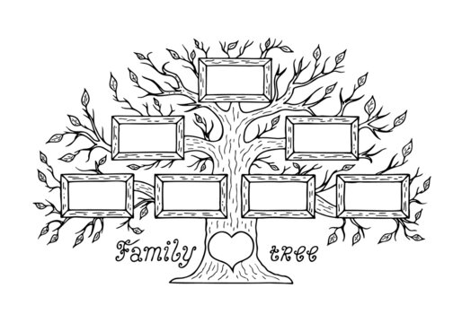 Family tree in doodle style. Coloring for children. Hand Drawn.