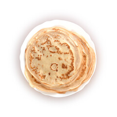 Delicious pancakes on a plate on a white background are ready to eat
