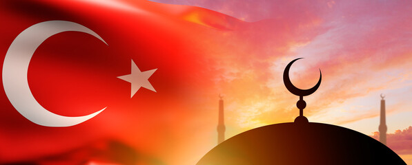 Turkey flag against sky. Turkish flag flies over dome of mosque. Tyrkey banner with white crescent....