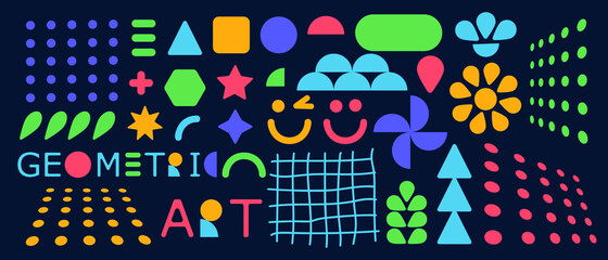 Obraz premium Set of various bright basic Geometric Figures and different shapes. Abstract minimal contemporary modern trendy vector illustration.