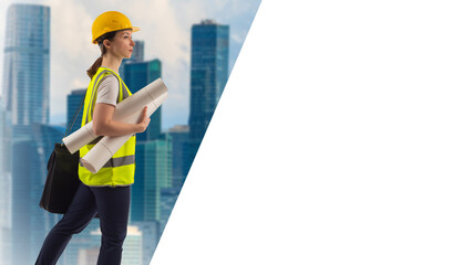 Businesswoman architect. Construction of business real estate. Skyscrapers symbolize business real estate. Woman builder with copy space. Space for text on white background. Work builder. Art blurred