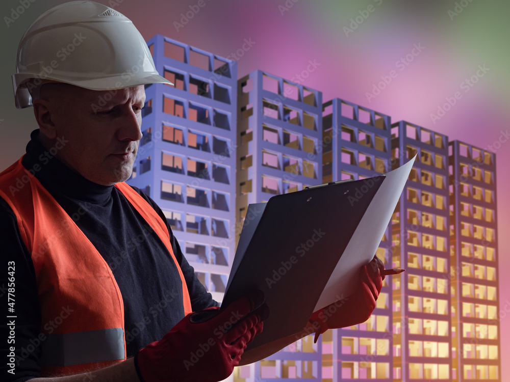Poster architect in uniform of a builder. architect in orange vest and a construction helmet. portrait of a