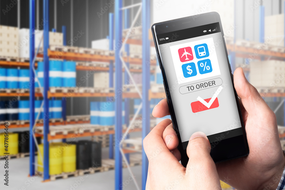Poster warehouse logistics. modern logistics technology concept. symbols of logistic processes in phone. wa