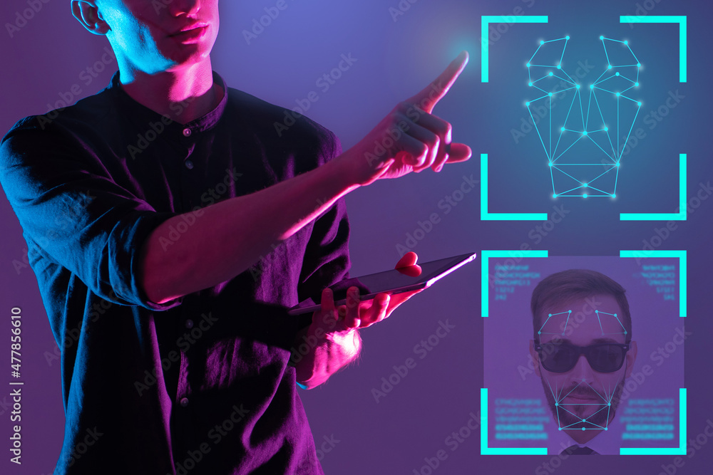 Poster human face recognition. human identification using software. id face technology. male virtual securi