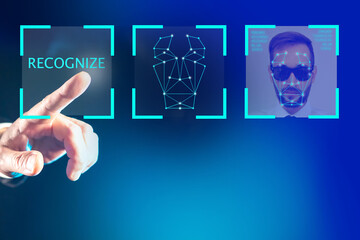 Recognize person. Icons symbolizing Face id system. Recognize personality using algorithms. Identification using machine vision. Human hand on blue background. Collection and analysis personal data