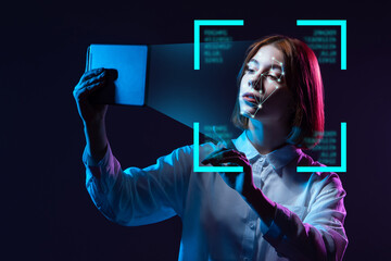 Smart technology in tablet computer. Human face recognition system. Face recognition in gadget. With help of artificial intelligence. Digital technologies for identification ID. Face shape scanner