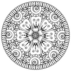 Mehndi flower for henna, mehndi, tattoo, decoration. Decorative ornament in ethnic oriental style, doodle ornament, outline hand draw. Coloring book page.