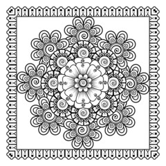 Mehndi flower for henna, mehndi, tattoo, decoration. Decorative ornament in ethnic oriental style, doodle ornament, outline hand draw. Coloring book page.