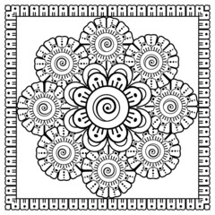 Mehndi flower for henna, mehndi, tattoo, decoration. Decorative ornament in ethnic oriental style, doodle ornament, outline hand draw. Coloring book page.