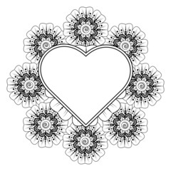 Mehndi flower with frame in shape of heart. decoration in ethnic oriental, doodle ornament.