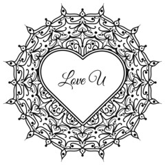 Mehndi flower with frame in shape of heart. decoration in ethnic oriental, doodle ornament.