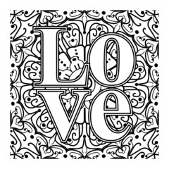 Love words with mehndi flowers for coloring book page doodle ornament