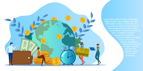 Bank transfers.Financial payments between countries.The concept of safe movement of funds.Poster in business style.Flat vector illustration.