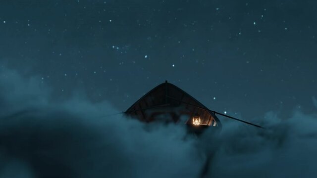 abandoned wooden boat over fluffy night clouds. Illuminated from moonlight