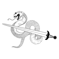 The snake wraps around a sharp sword