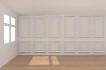 empty white room with window and wood parquet interior design in 3D rendering