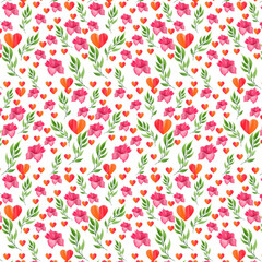 Fototapeta premium Valentine's day Watercolor cute floral pattern with pink roses and hearts on white background. Beautiful botanical print