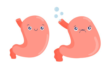 Stomach cartoon character. Bloating, heartburn, nausea, belching. Healthy and bloating. Cartoon internal organs. Stock vector illustration isolated on white.