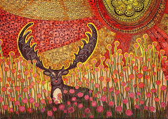 Hand printed deer at sunset in poppies field can be used as poster, decoration, textile pattern etc.