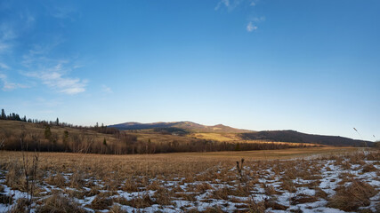 Late autumn in the Carpathian mountains. Mountain landscape panorama. Winter is coming soon