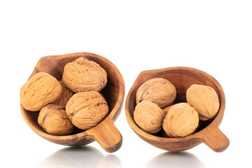 Several ripe delicious walnuts with a wooden dish, close-up, isolated on white.