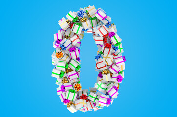 Number 0, from gift boxes, 3D rendering