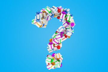 Question symbol from gift boxes, 3D rendering