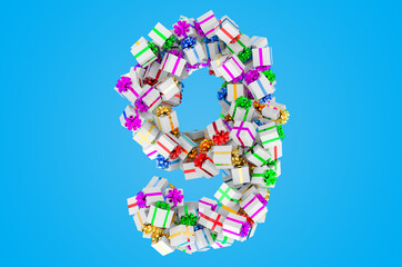 Number 9, from gift boxes, 3D rendering